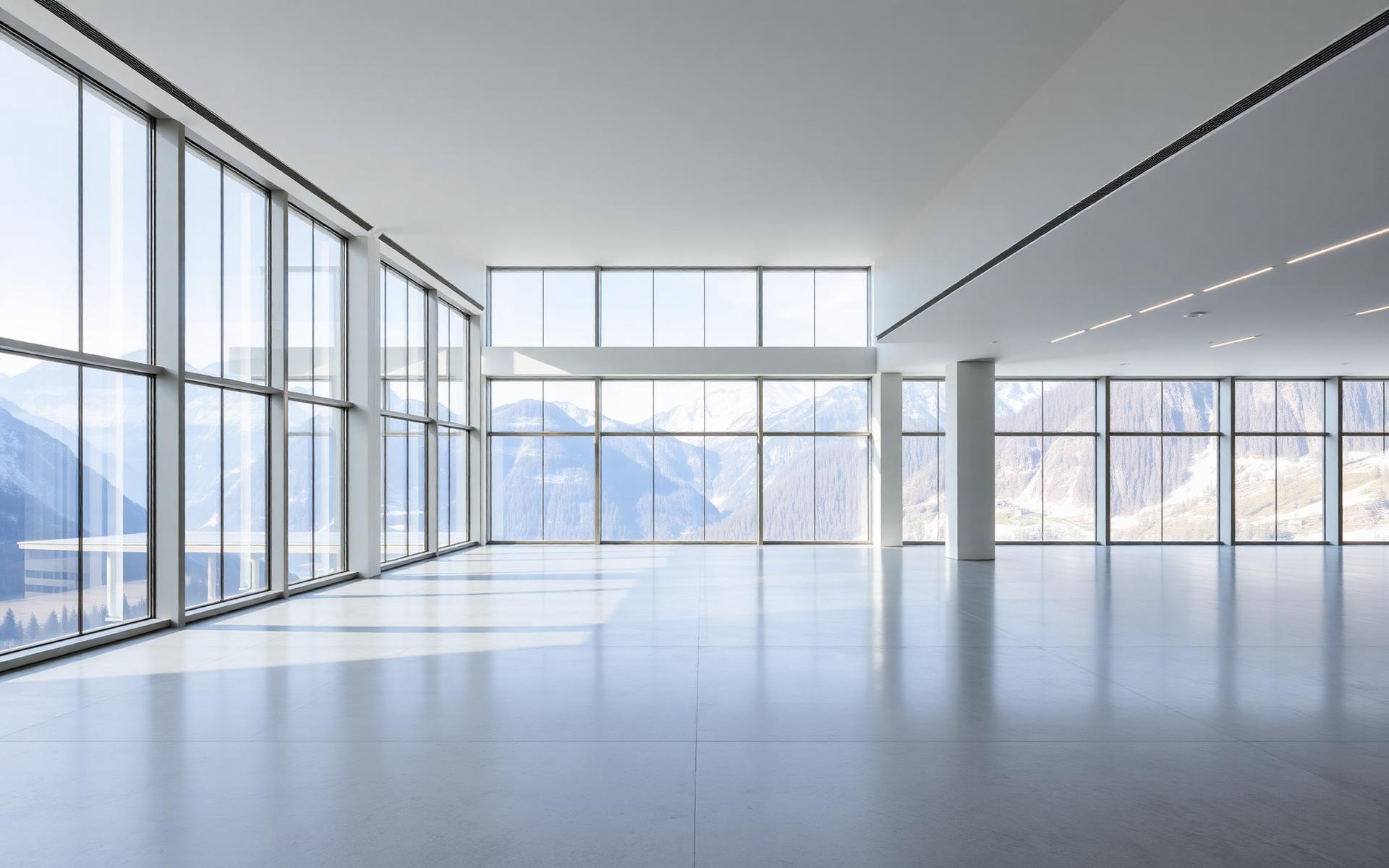 Modern Swiss interior with mountain view